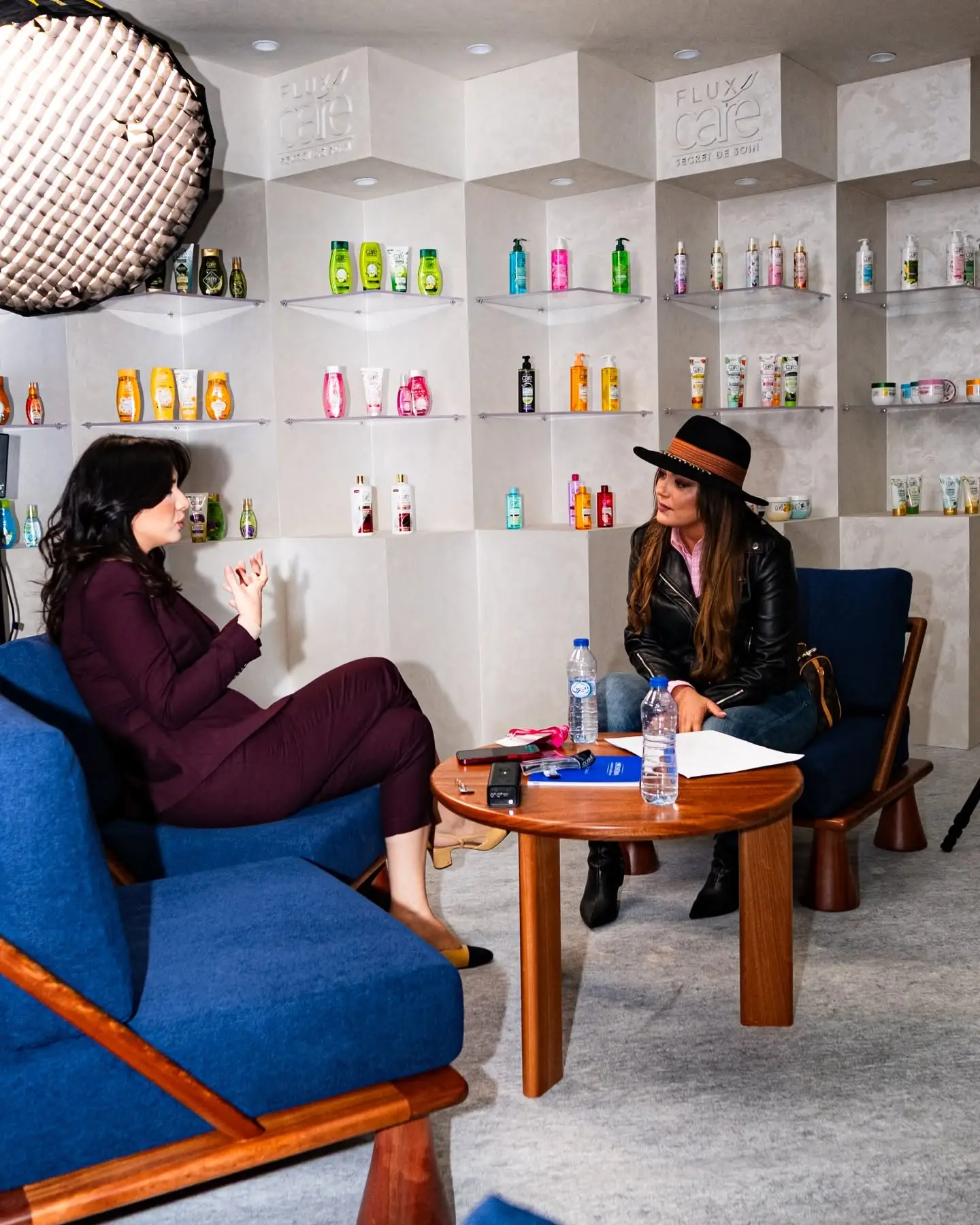 A business meeting in the lounge of a stand