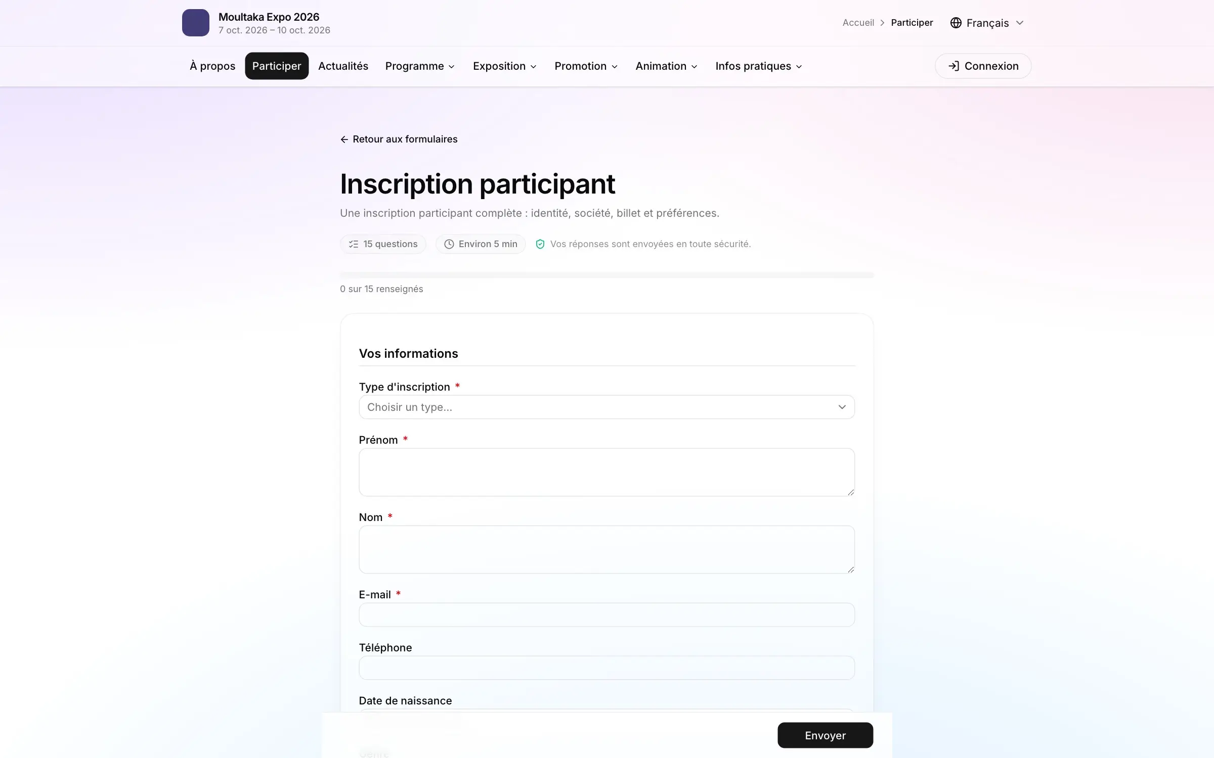 Formulaire d'inscription visiteur en ligne d'un salon, tel qu'un participant le remplit pour obtenir son badge