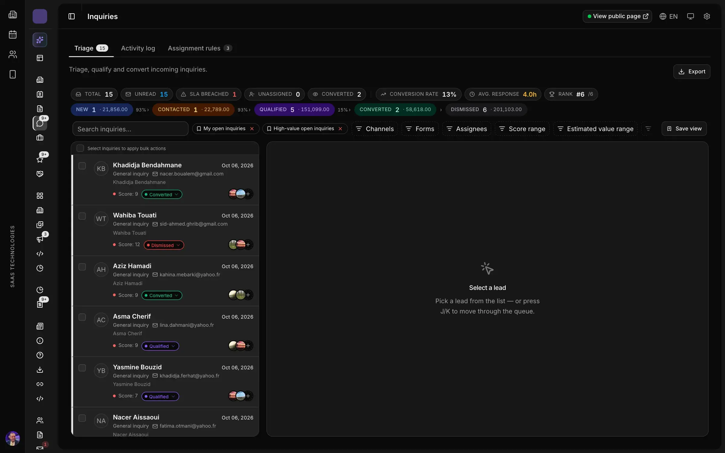 Every inquiry in one triage queue
