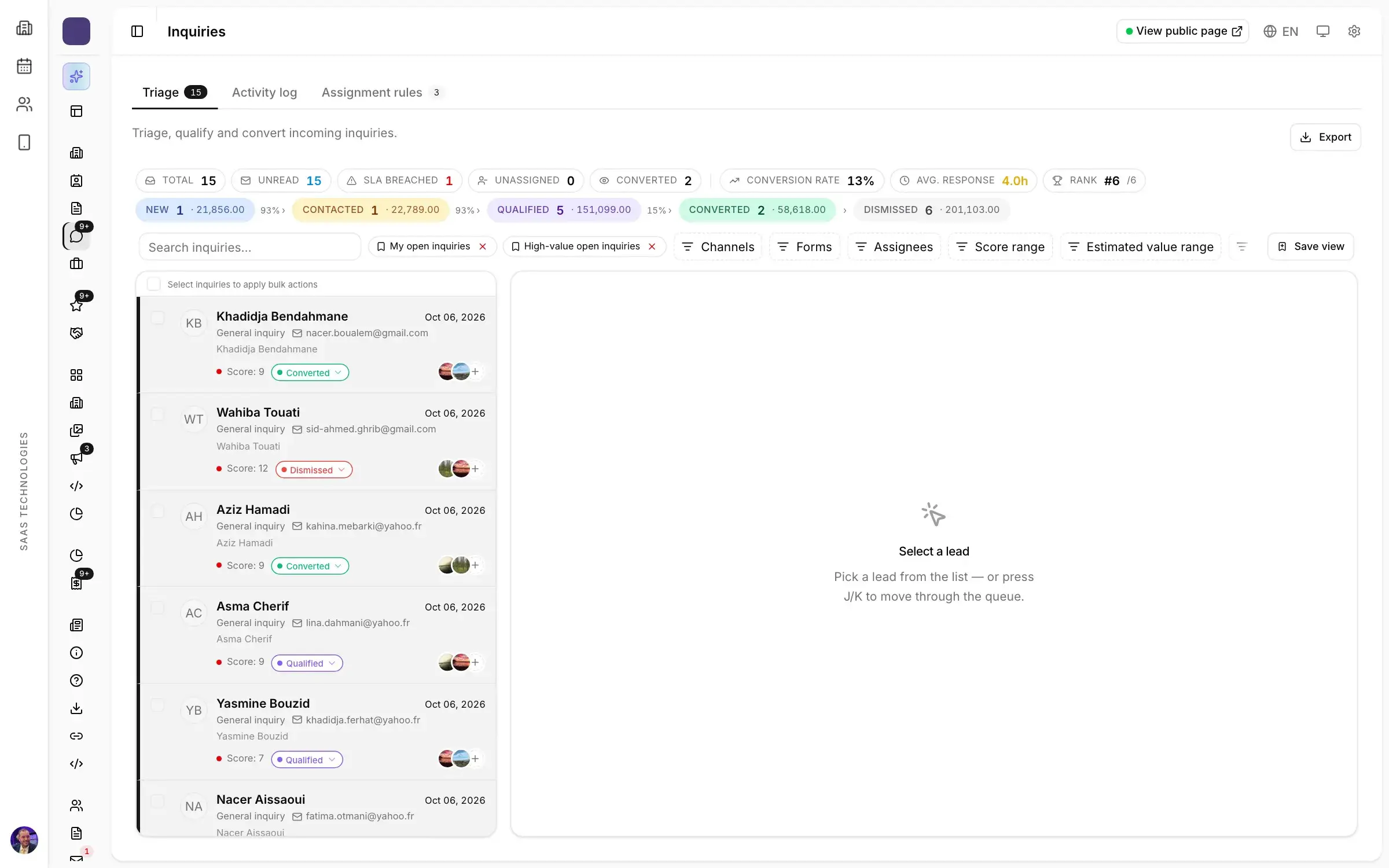 Every inquiry in one triage queue