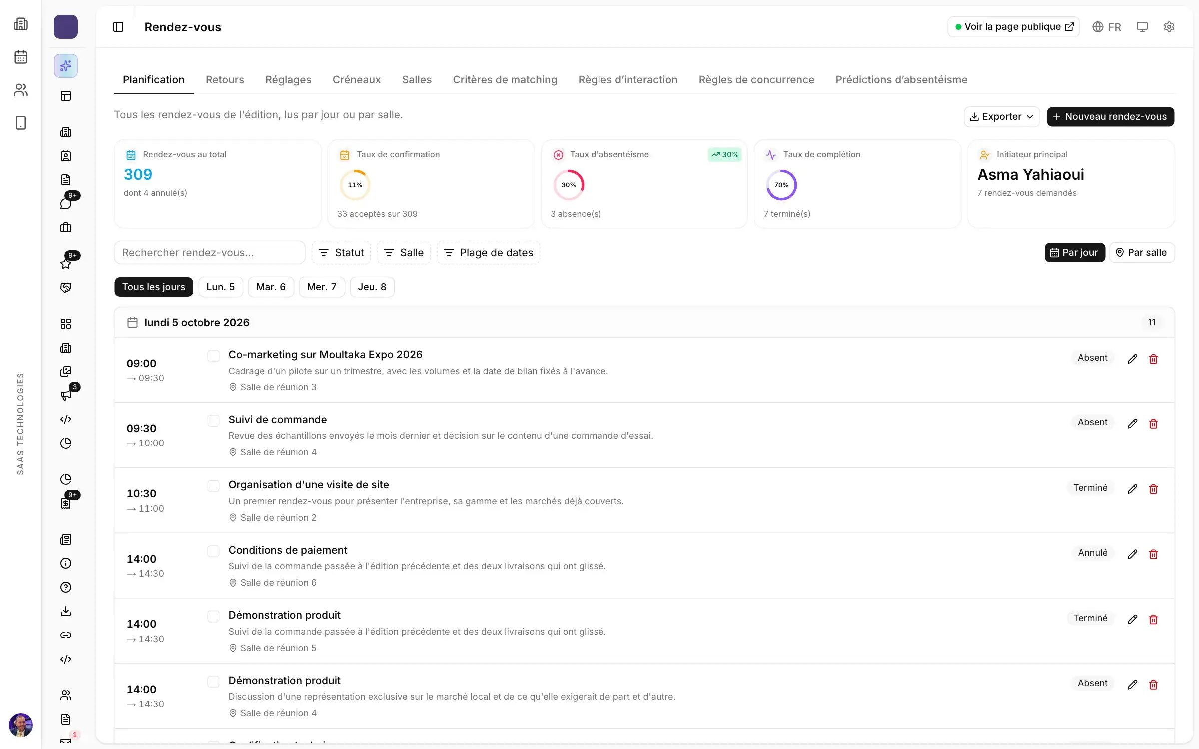 Planification des rendez-vous B2B dans Moultaka : rendez-vous du jour par salle, taux de confirmation et absences